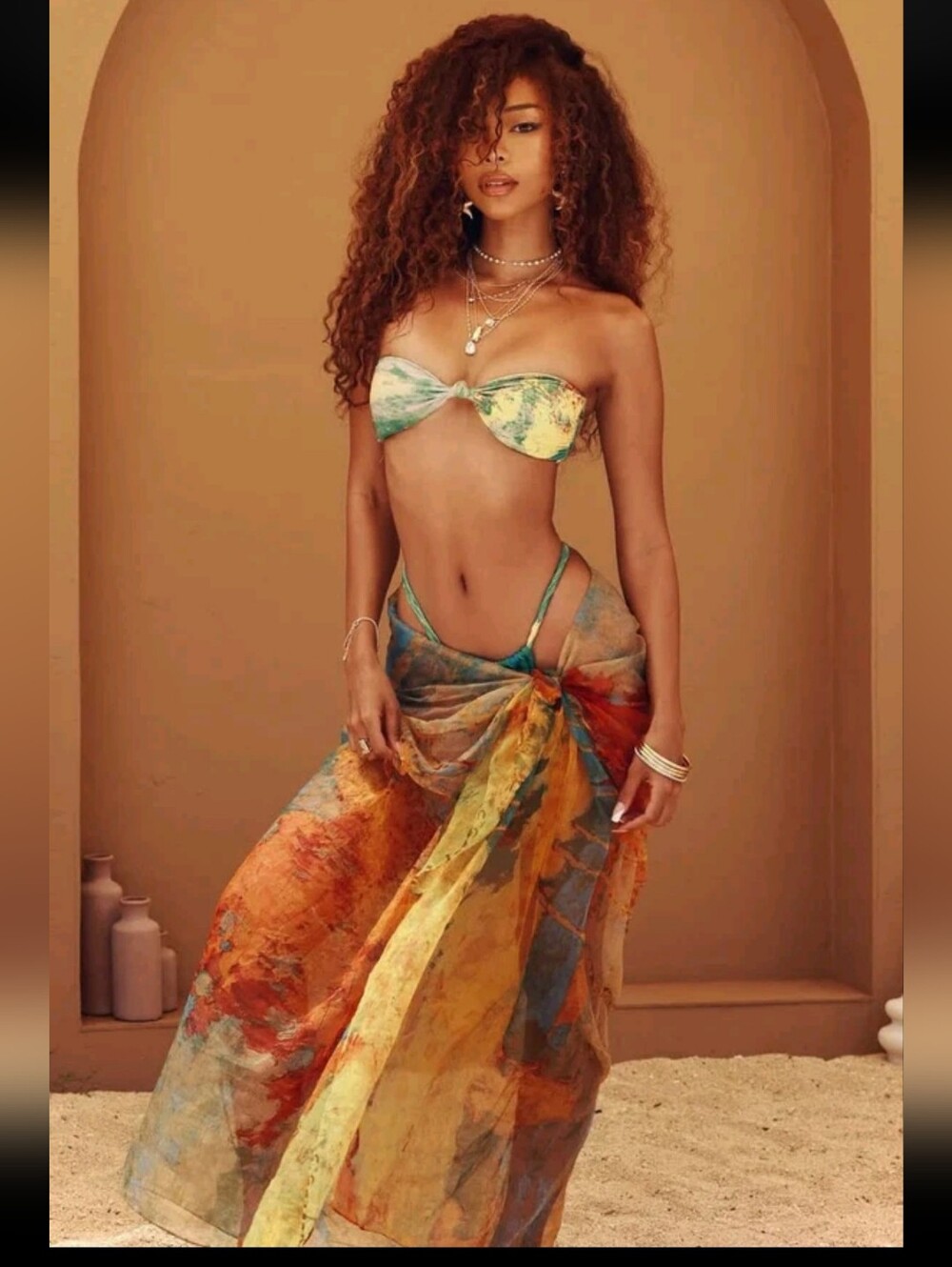 Fashion Nova Mina Bandeau Halter Chiffon Sarong 3 Piece Bikini Set NWT Med